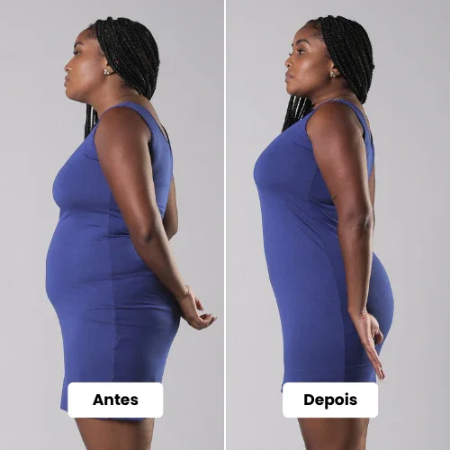 Antes e depois mostrando a redução imediata de medidas com o Short Cinta Modelador