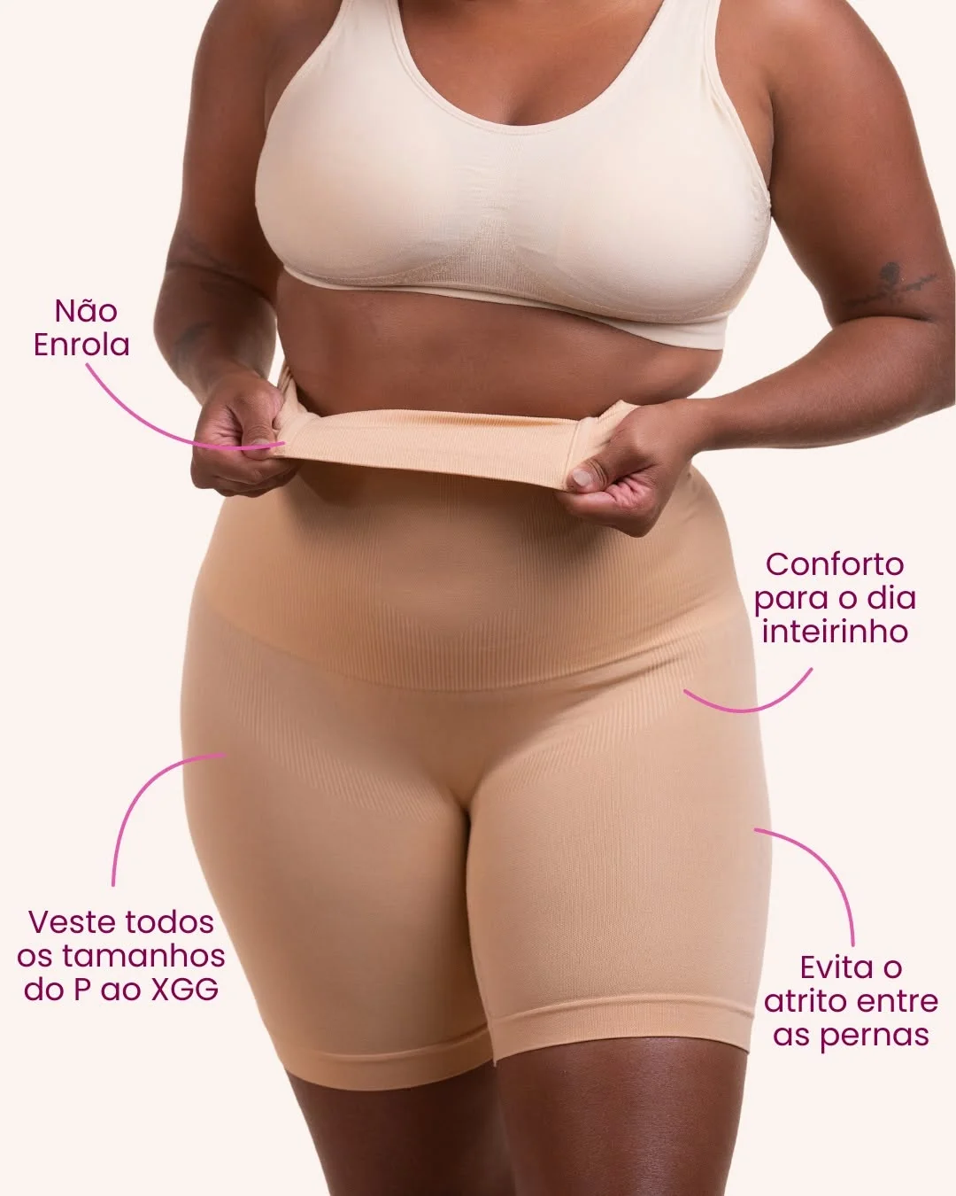 Detalhamento funcional do Short Cinta Modelador com 4 barbatanas anatômicas e sustentação